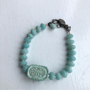 Sterling Silver Faceted cut Turquoise Beaded Carved Turquoise Stone Bracelet